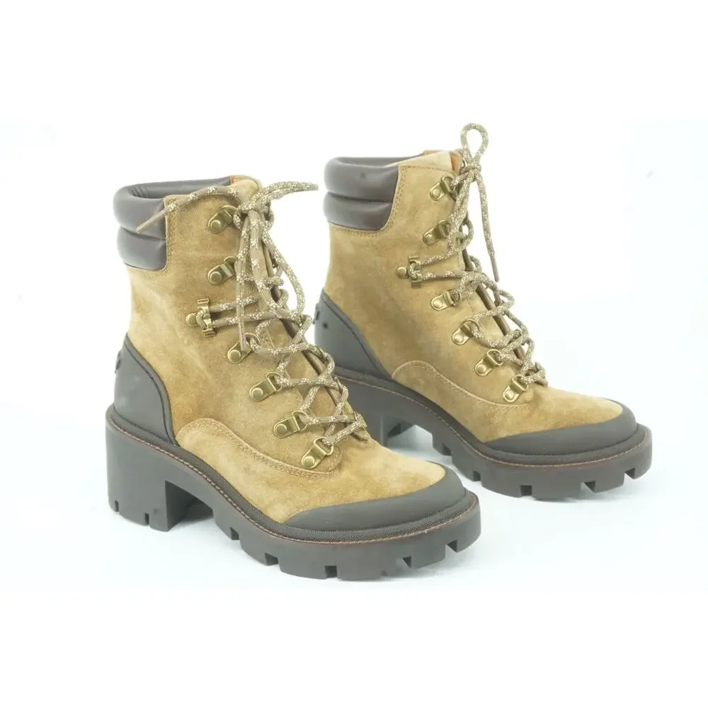 Tory Burch Suede Hiker High Heel Ankle Boots Size 7 Lug Logo $440 Lace Up
